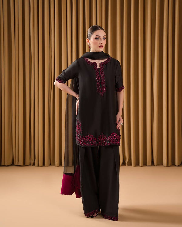 Outstanding Black Color Pure Natural Crepe With Embroidery Work Palazzo Suit