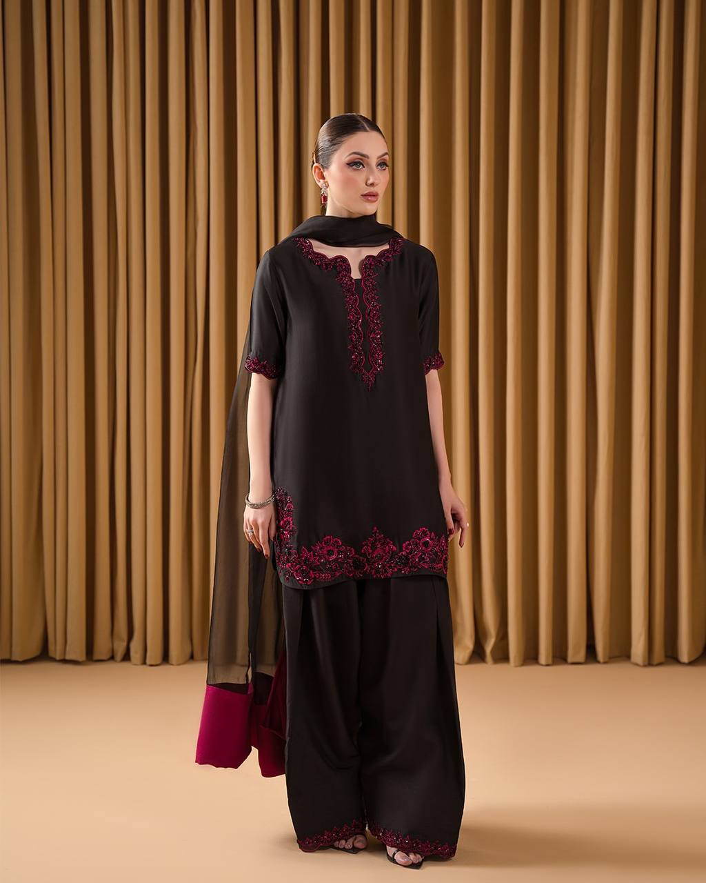 Outstanding Black Color Pure Natural Crepe With Embroidery Work Palazzo Suit