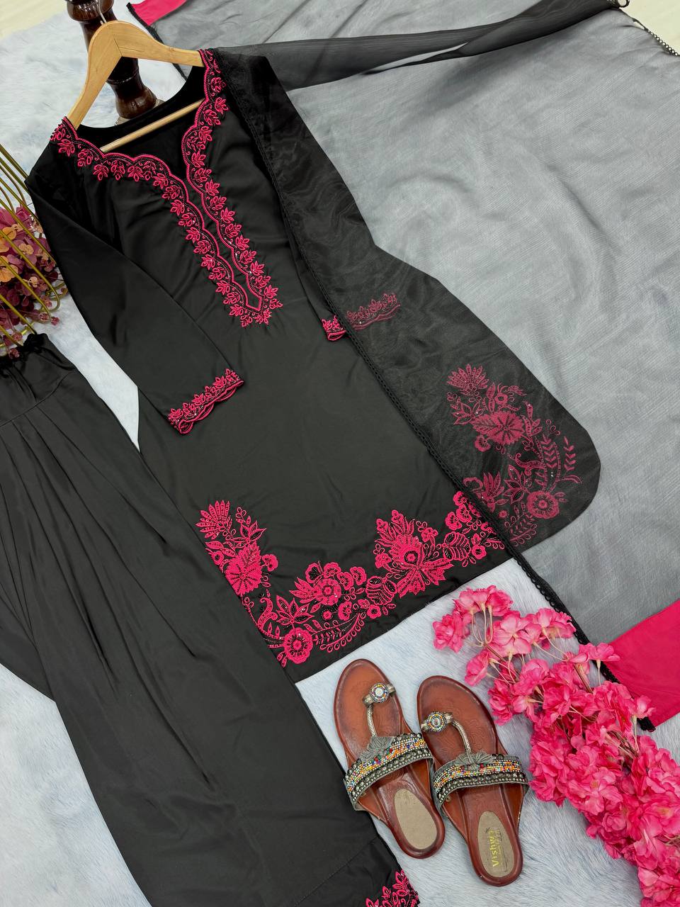 Outstanding Black Color Pure Natural Crepe With Embroidery Work Palazzo Suit