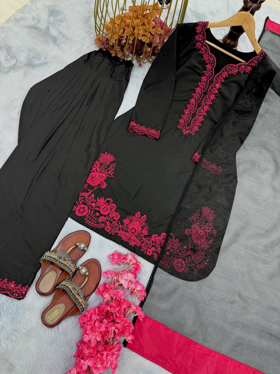 Outstanding Black Color Pure Natural Crepe With Embroidery Work Palazzo Suit
