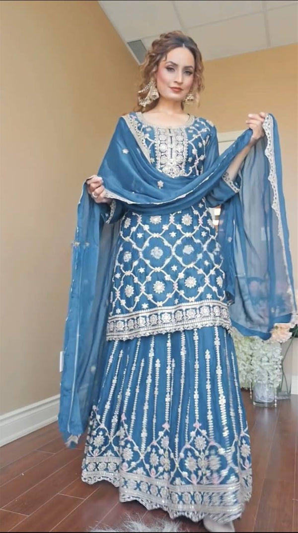 Luxuriant Teal Blue Color Pure Chinon Silk With Embroidery Coding Sequence Work Palazzo Suit