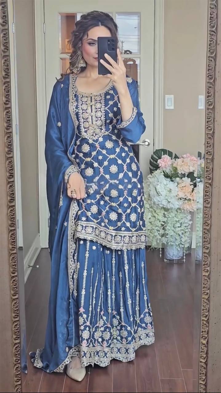 Luxuriant Teal Blue Color Pure Chinon Silk With Embroidery Coding Sequence Work Palazzo Suit