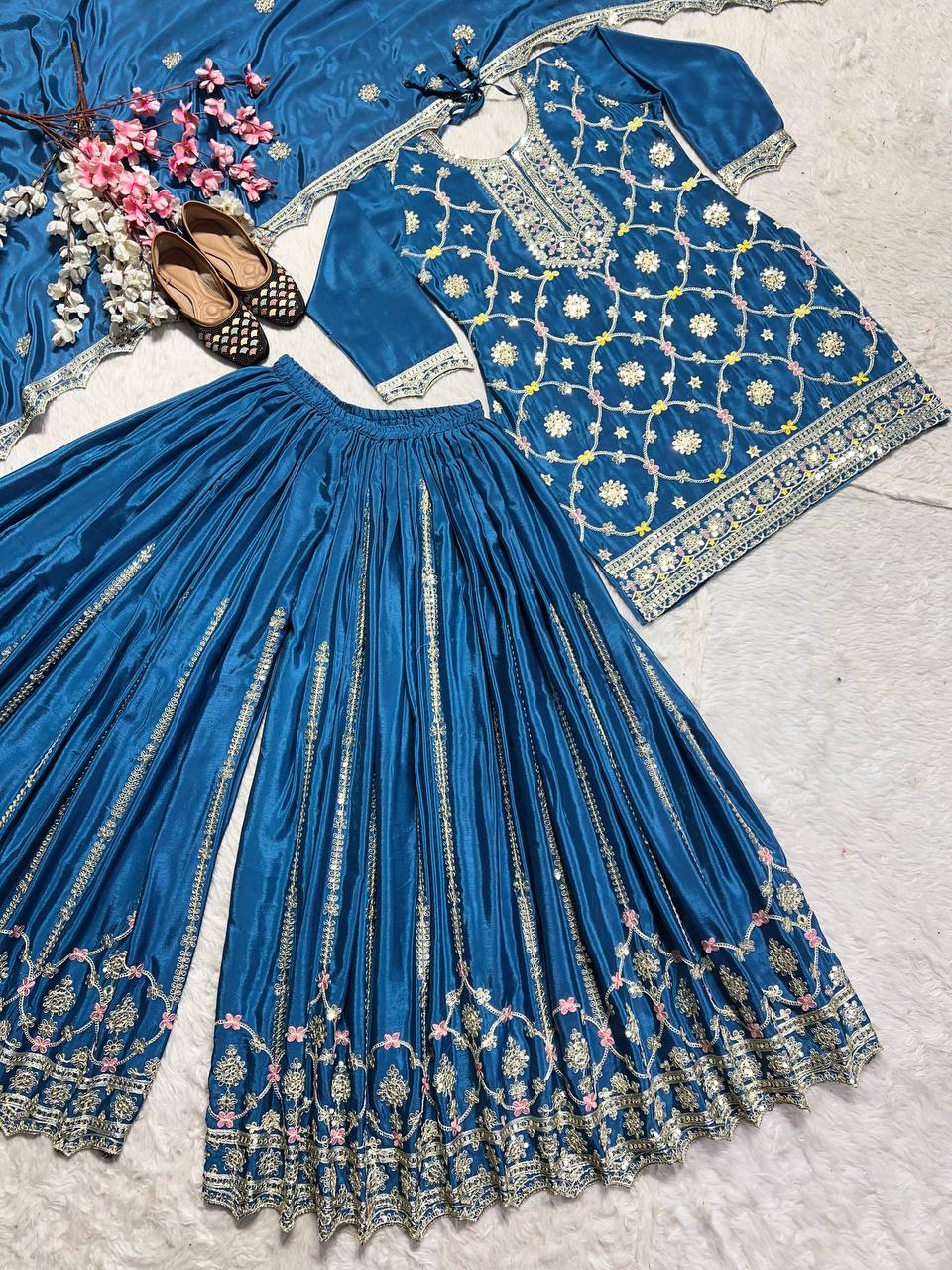 Luxuriant Teal Blue Color Pure Chinon Silk With Embroidery Coding Sequence Work Palazzo Suit
