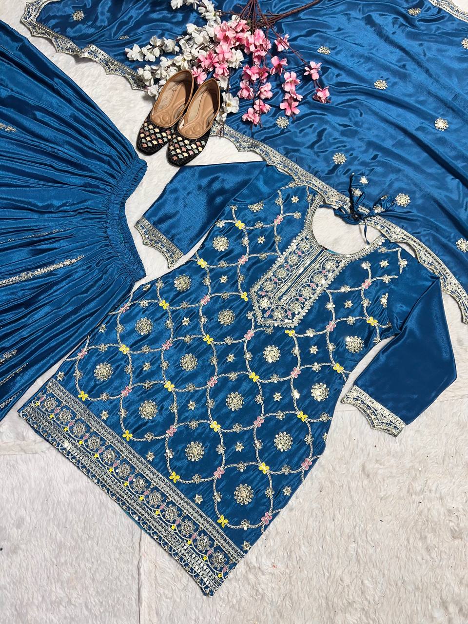 Luxuriant Teal Blue Color Pure Chinon Silk With Embroidery Coding Sequence Work Palazzo Suit