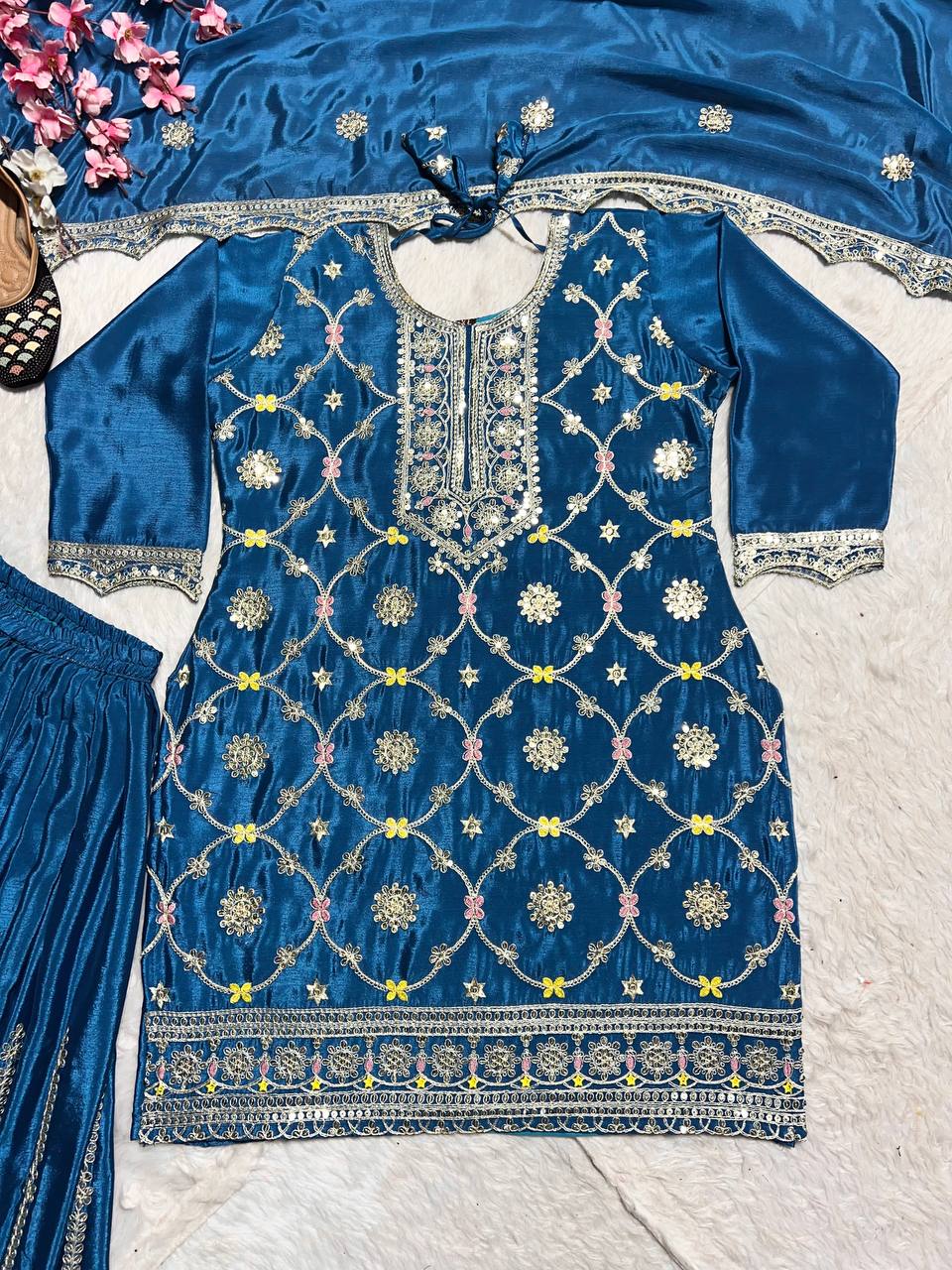 Luxuriant Teal Blue Color Pure Chinon Silk With Embroidery Coding Sequence Work Palazzo Suit