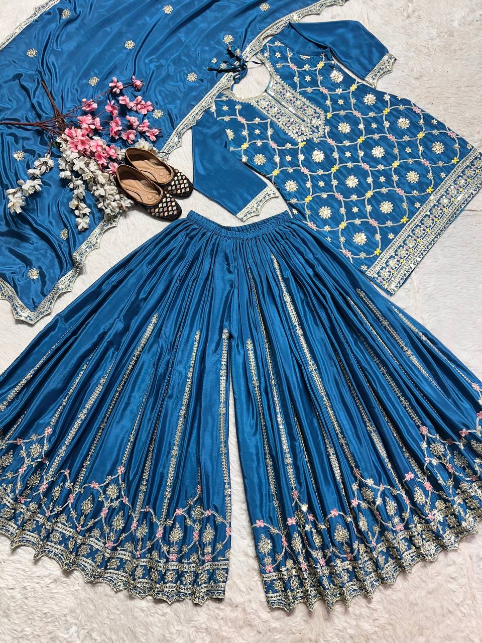 Luxuriant Teal Blue Color Pure Chinon Silk With Embroidery Coding Sequence Work Palazzo Suit