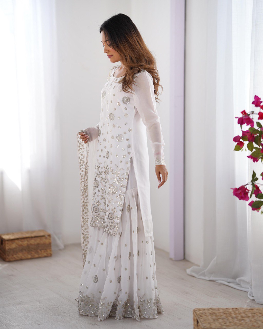 Wedding Wear White Star Georgette Thread With Sequence Work Sharara Suit