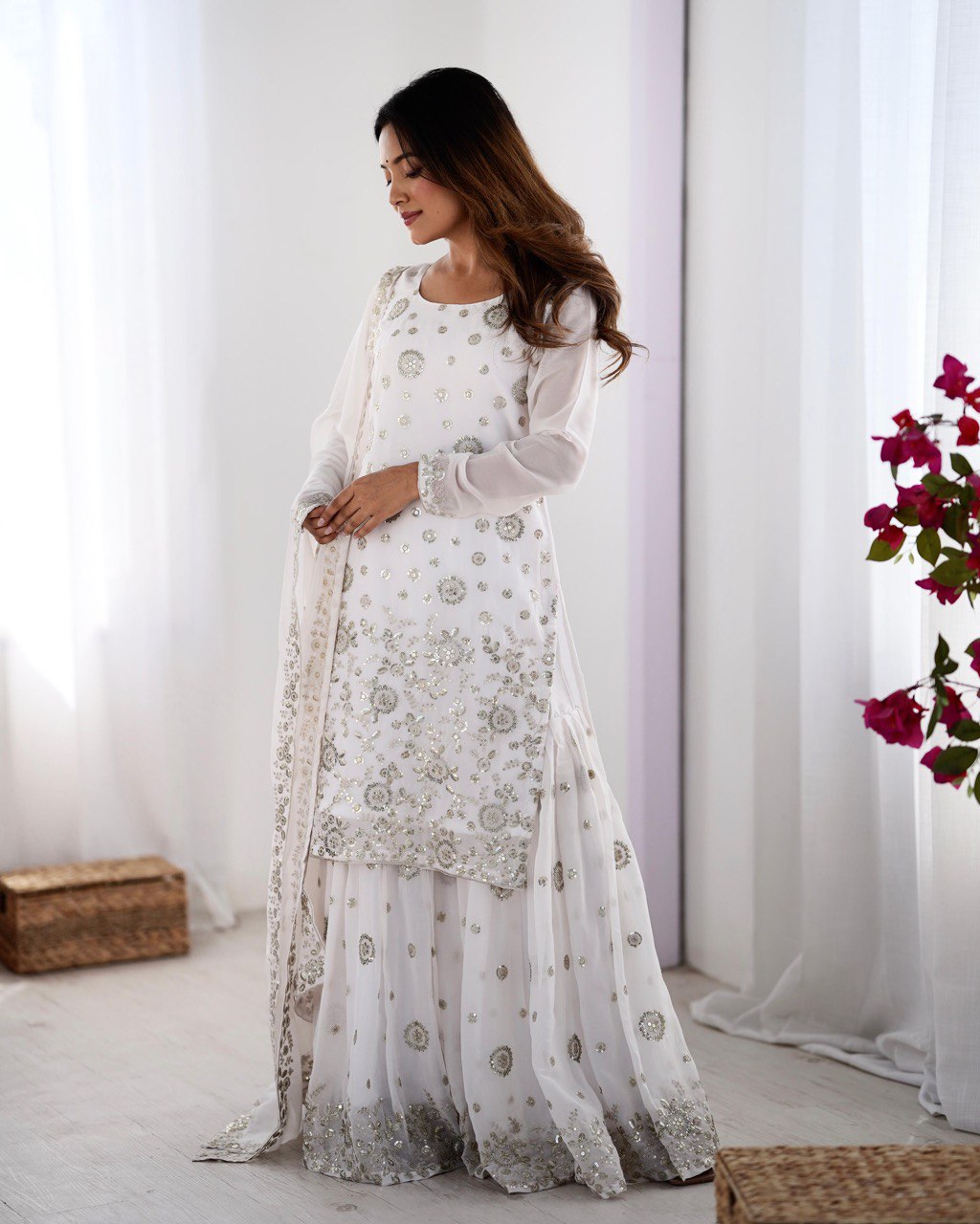 Wedding Wear White Star Georgette Thread With Sequence Work Sharara Suit