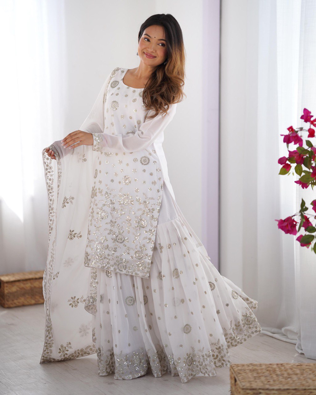 Wedding Wear White Star Georgette Thread With Sequence Work Sharara Suit
