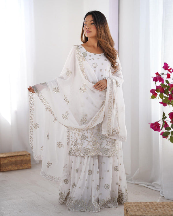 Wedding Wear White Star Georgette Thread With Sequence Work Sharara Suit