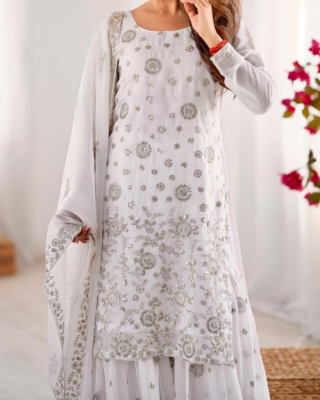 Wedding Wear White Star Georgette Thread With Sequence Work Sharara Suit