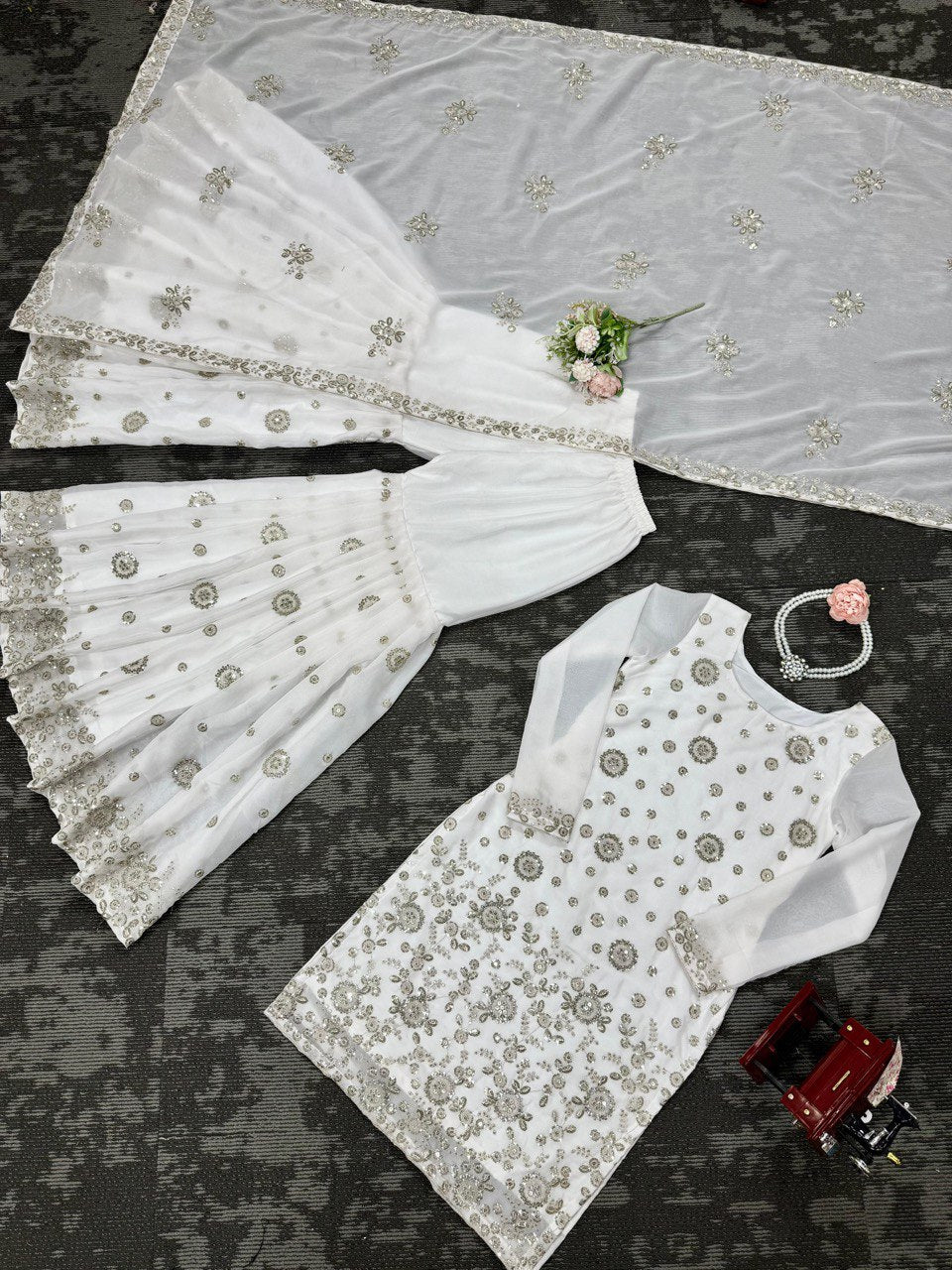 Wedding Wear White Star Georgette Thread With Sequence Work Sharara Suit