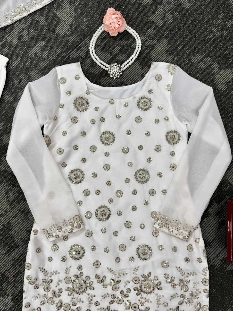 Wedding Wear White Star Georgette Thread With Sequence Work Sharara Suit