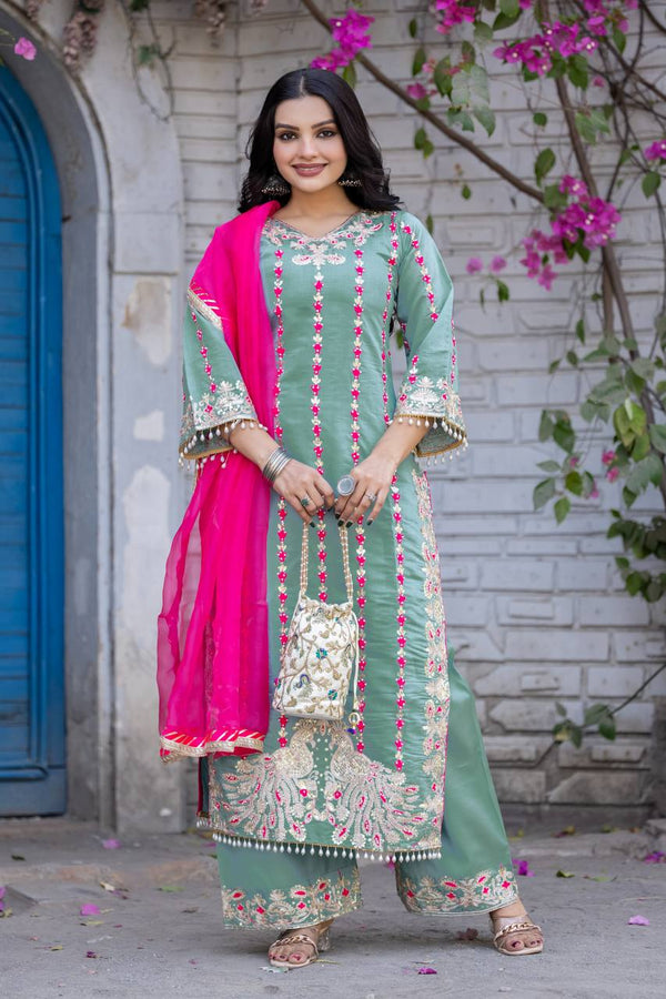 Elegant Sky Green Color Heavy Chine Stitch Work With Full Heavy Fancy Hand Work Palazoo Suit