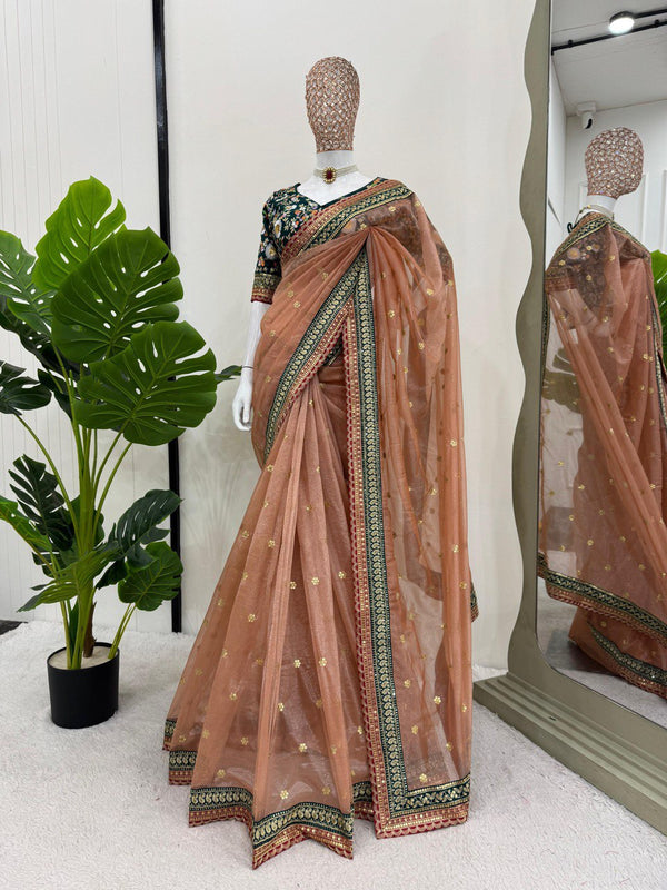 Elegant Light Orange Twill Net With Thread And Sequence Work Designer Saree