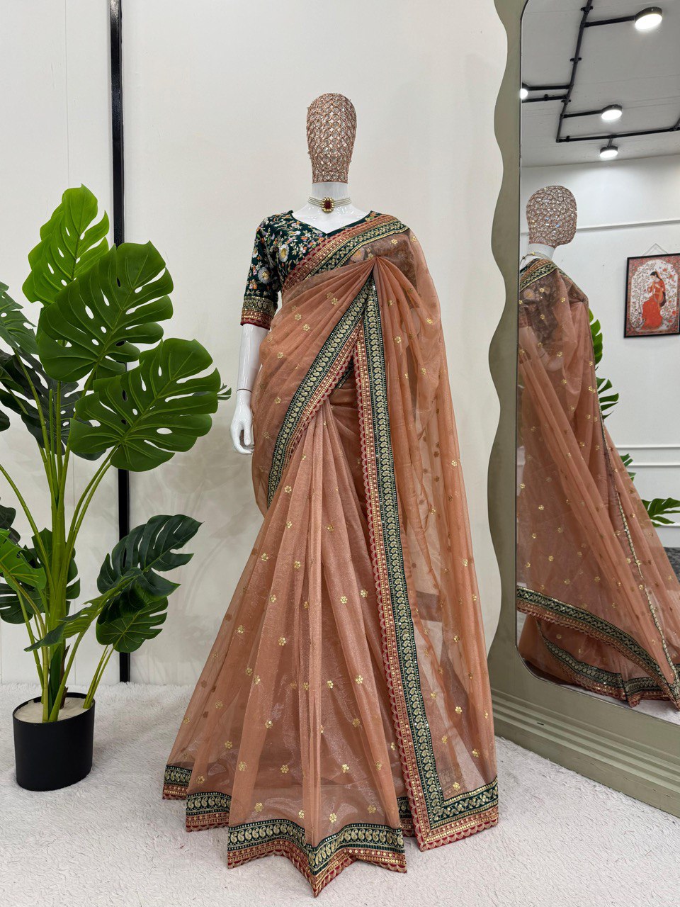 Elegant Light Orange Twill Net With Thread And Sequence Work Designer Saree