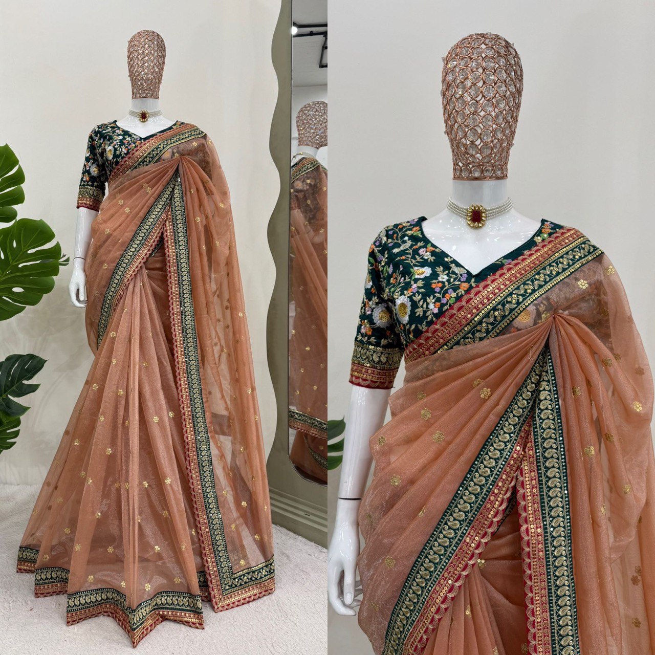 Elegant Light Orange Twill Net With Thread And Sequence Work Designer Saree
