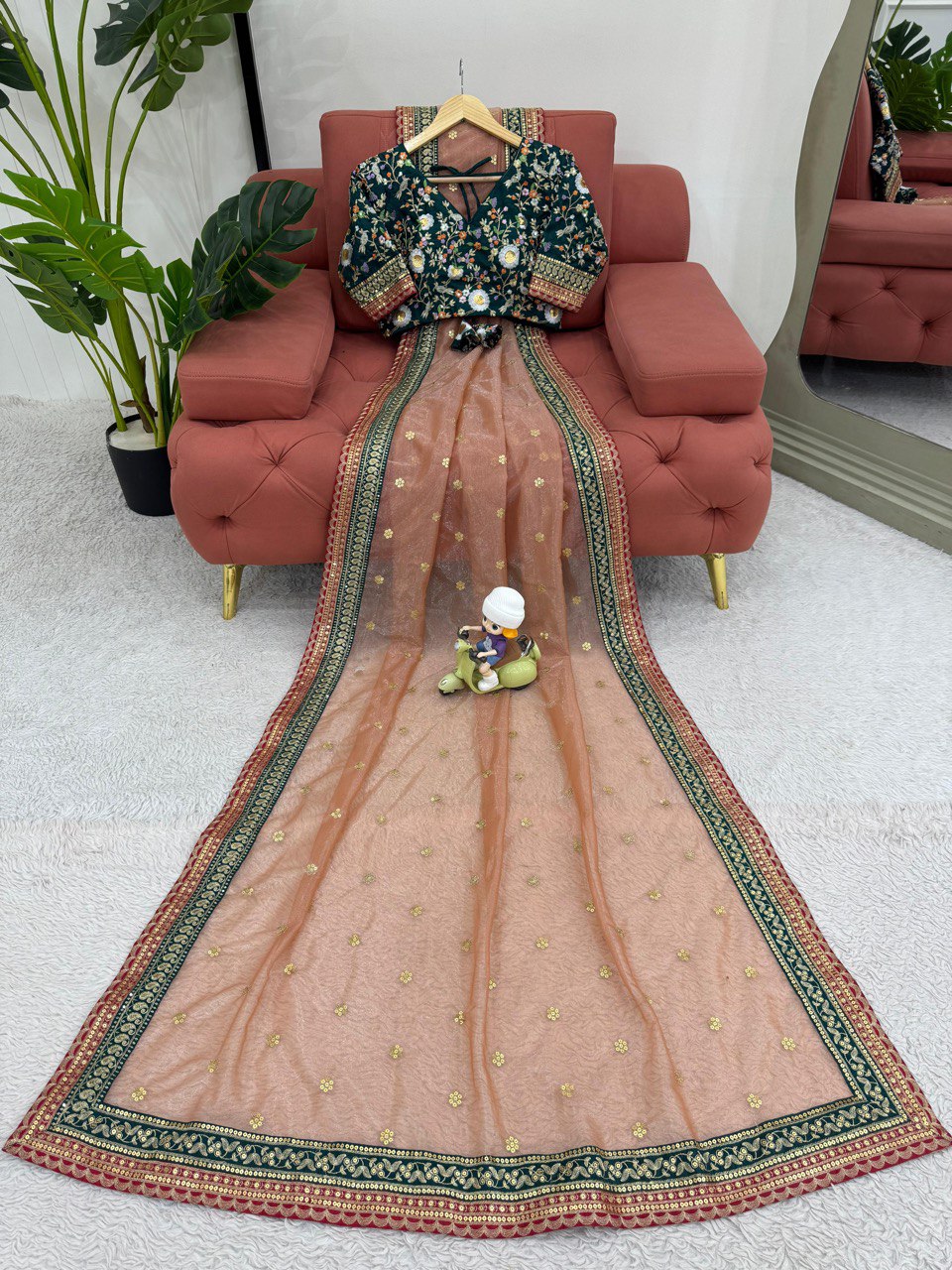 Elegant Light Orange Twill Net With Thread And Sequence Work Designer Saree