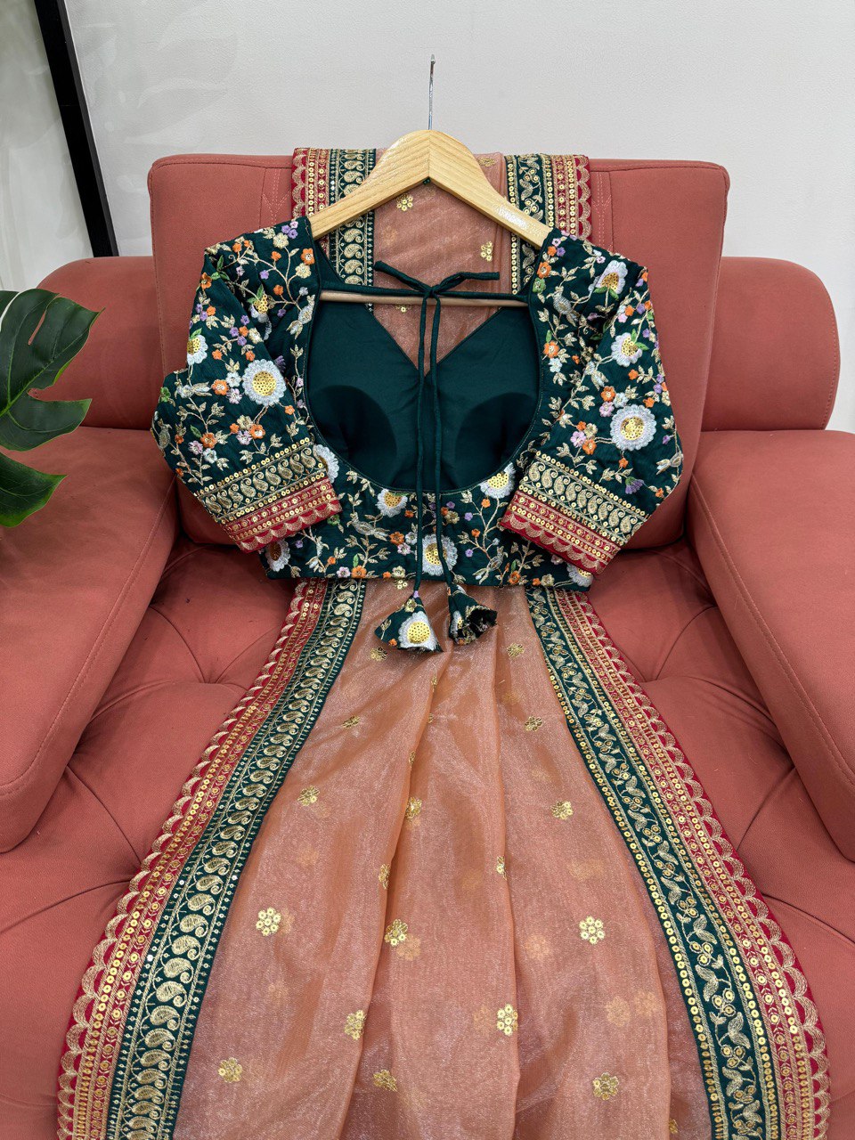 Elegant Light Orange Twill Net With Thread And Sequence Work Designer Saree