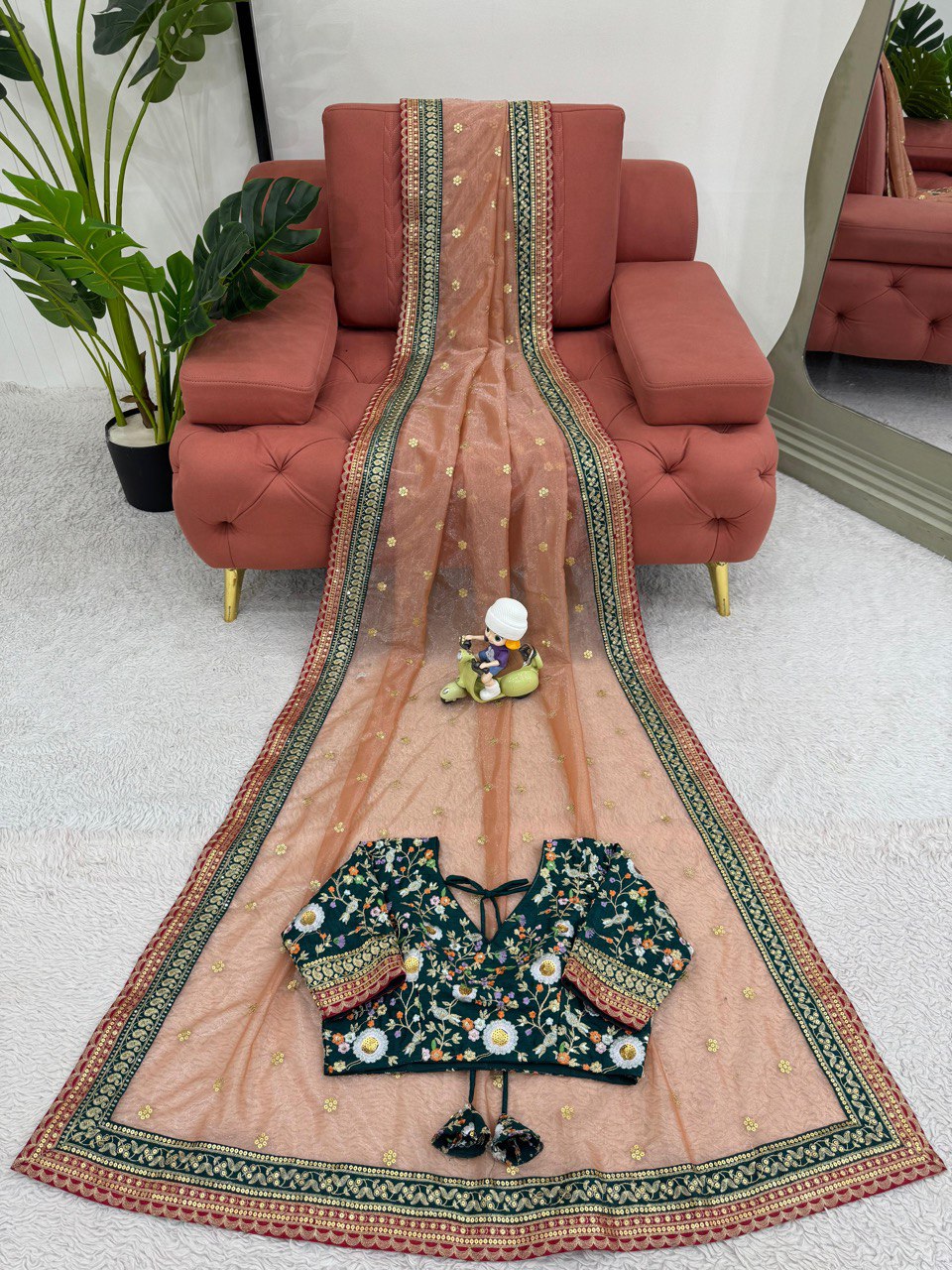 Elegant Light Orange Twill Net With Thread And Sequence Work Designer Saree