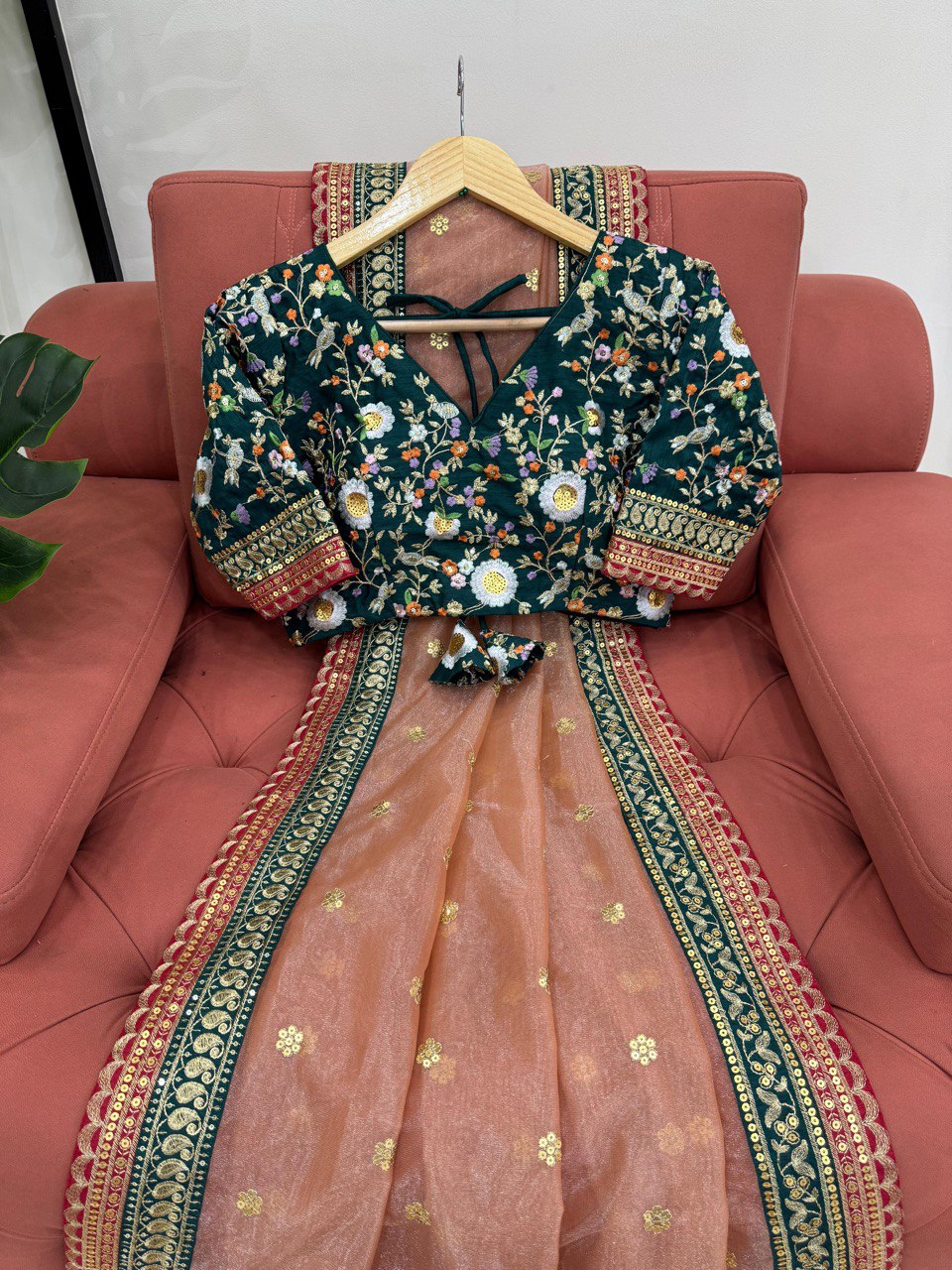 Elegant Light Orange Twill Net With Thread And Sequence Work Designer Saree