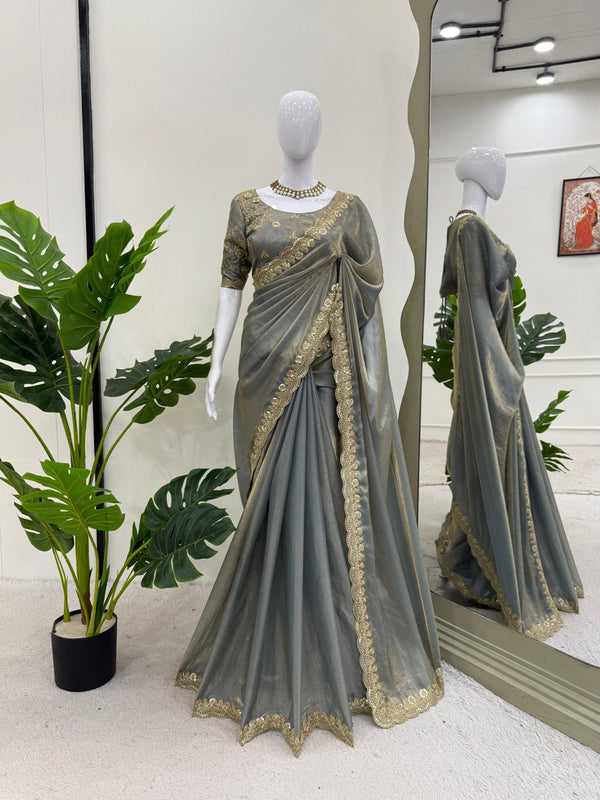 Ravishing Grey Color Fendy Silk With Coding And Sequence Work Designer Saree