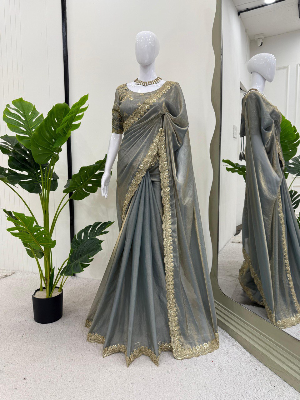 Ravishing Grey Color Fendy Silk With Coding And Sequence Work Designer Saree