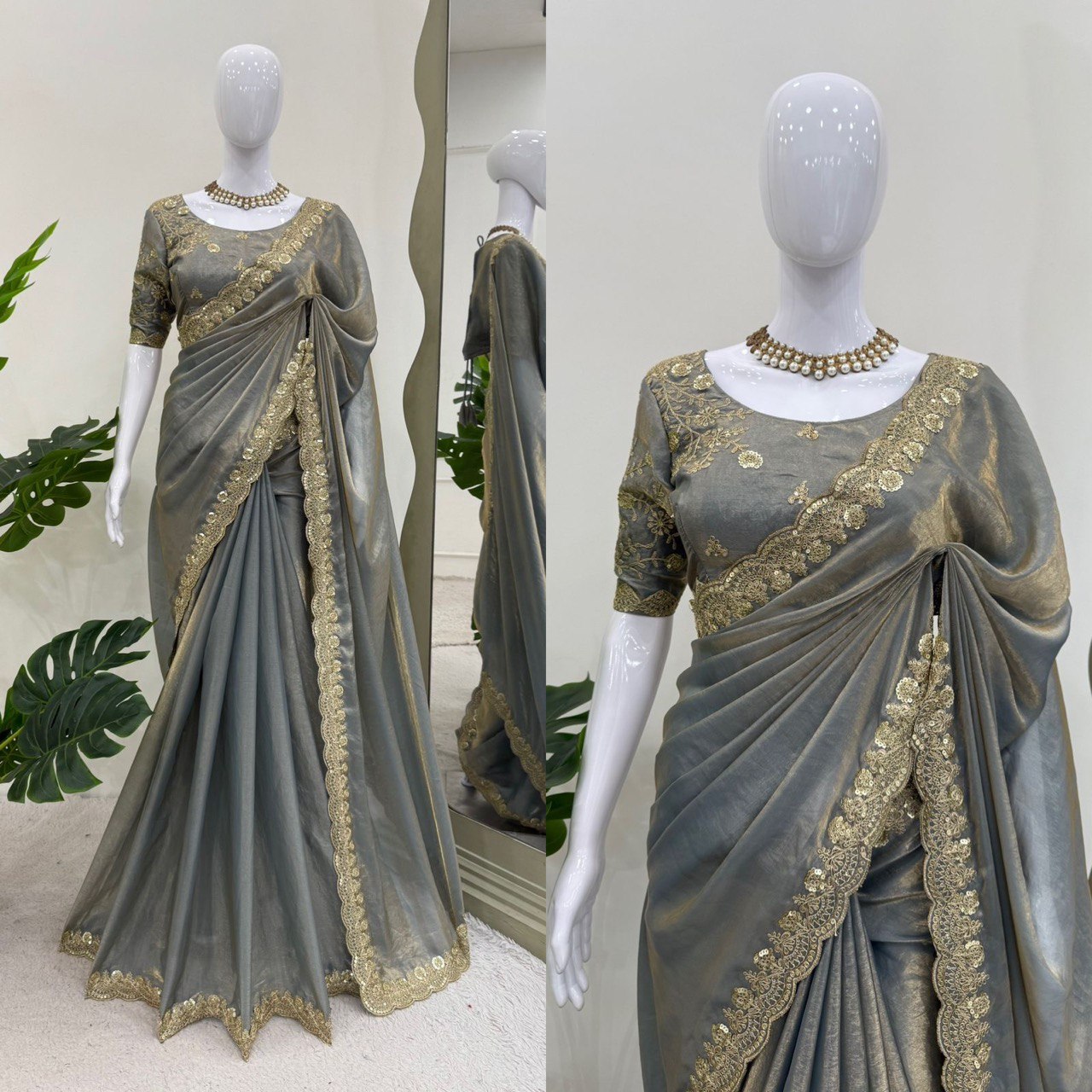 Ravishing Grey Color Fendy Silk With Coding And Sequence Work Designer Saree
