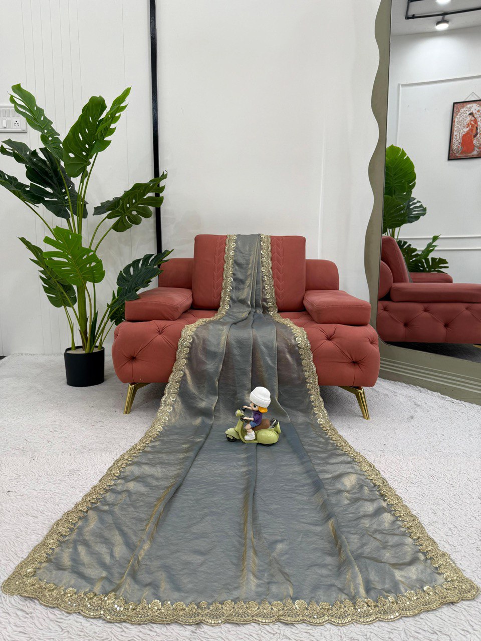 Ravishing Grey Color Fendy Silk With Coding And Sequence Work Designer Saree