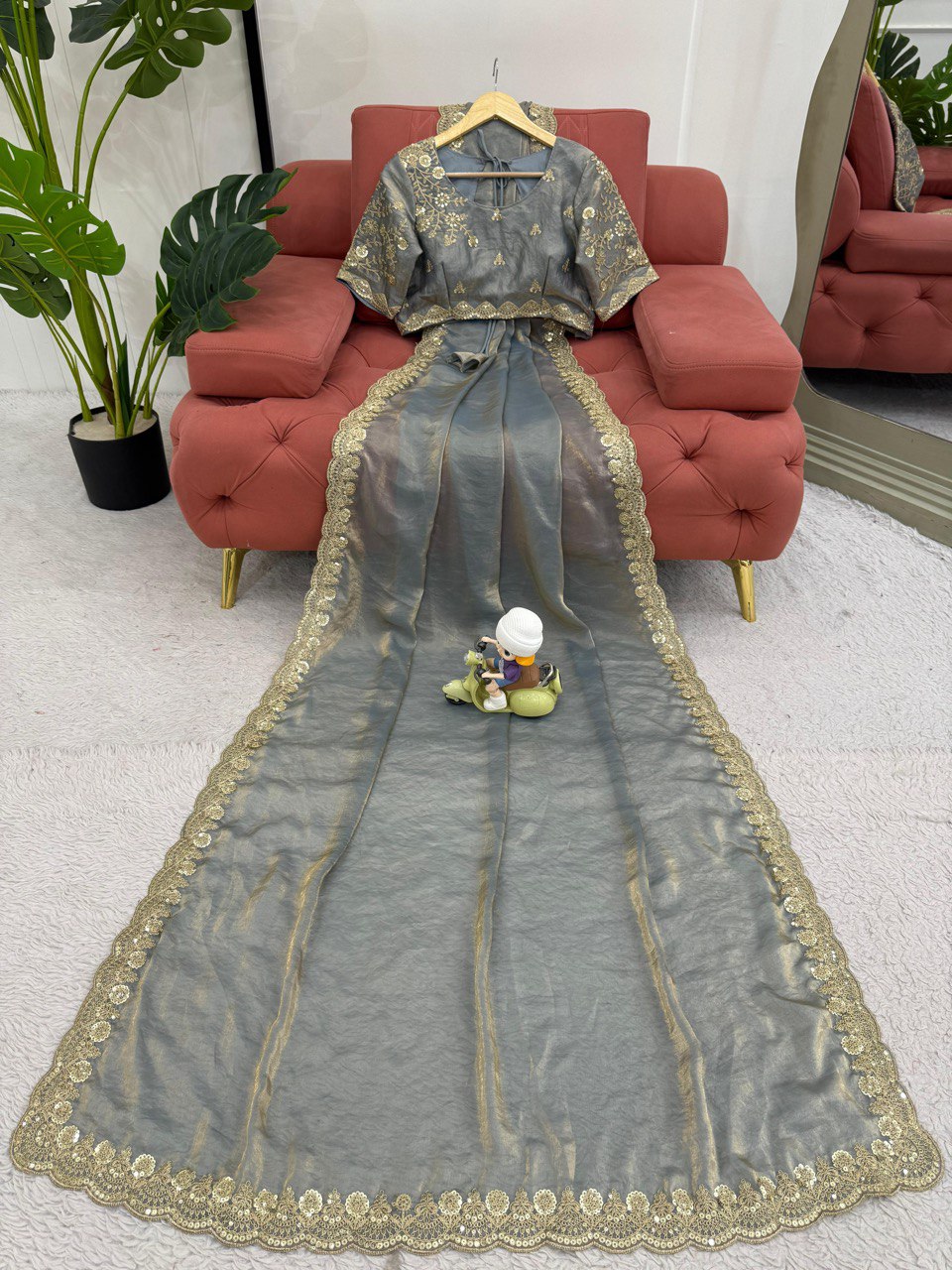 Ravishing Grey Color Fendy Silk With Coding And Sequence Work Designer Saree