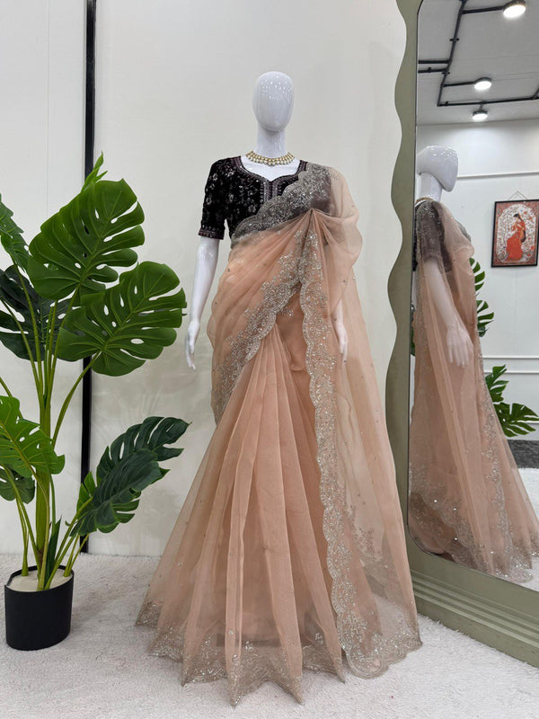 Terrific Peach Color Organza Silk And Thread With Sequence Work Designer Saree