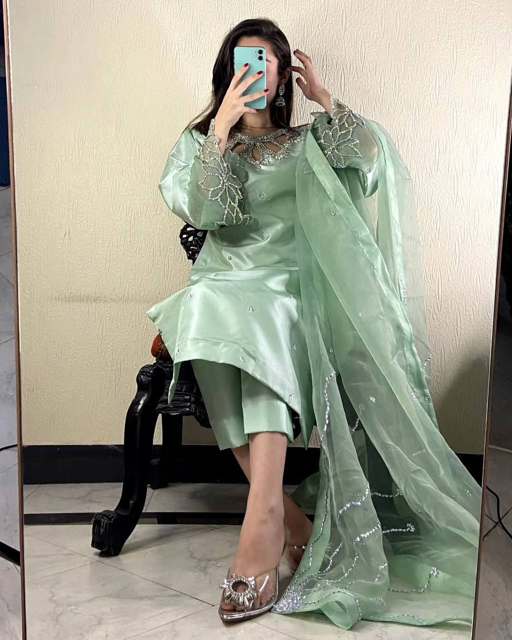 Beautiful Pista Green Color Embroidery With Beads And Sequence Work Salwar Suit