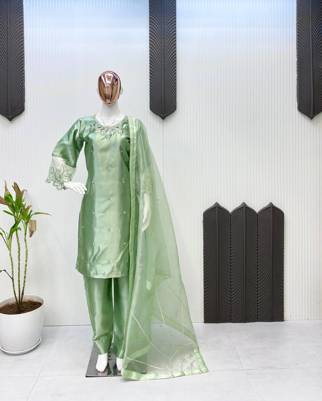 Beautiful Pista Green Color Embroidery With Beads And Sequence Work Salwar Suit