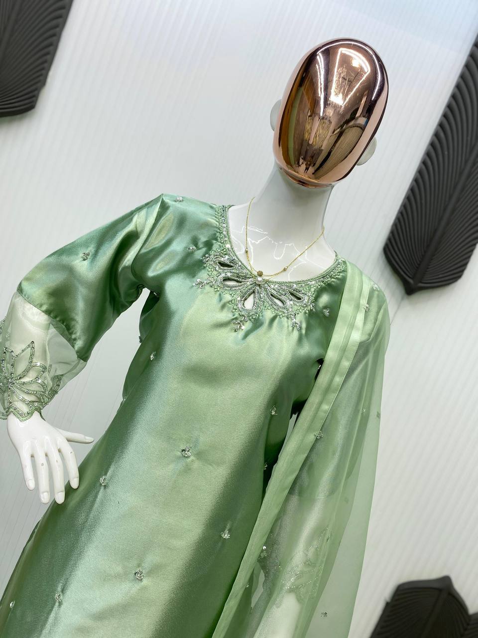 Beautiful Pista Green Color Embroidery With Beads And Sequence Work Salwar Suit