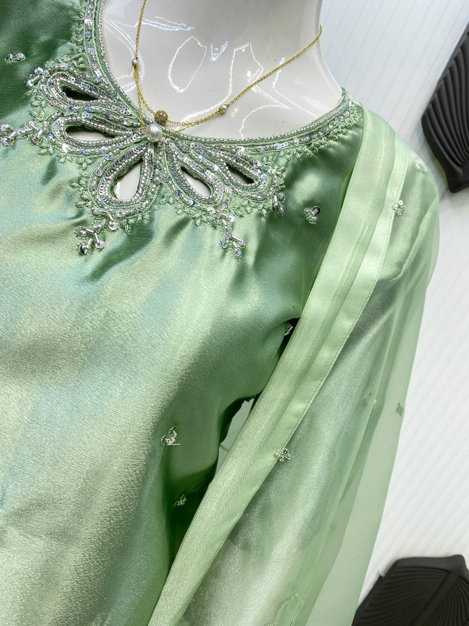 Beautiful Pista Green Color Embroidery With Beads And Sequence Work Salwar Suit