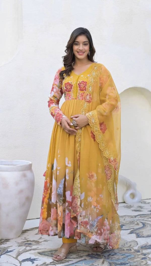Designer Yellow Color Printed Faux Georgette Gown Set
