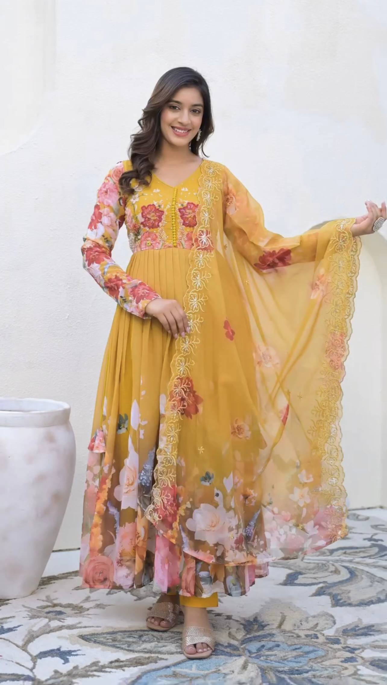 Designer Yellow Color Printed Faux Georgette Gown Set