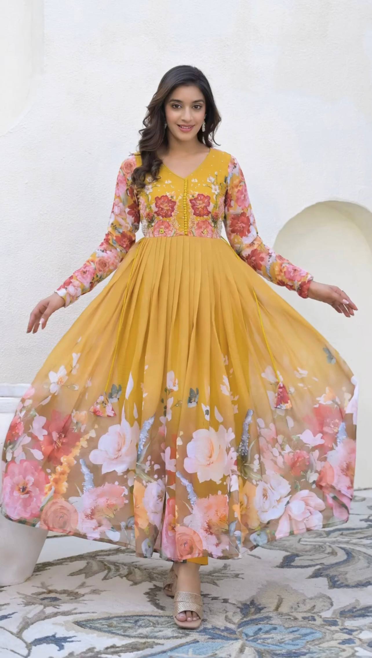 Designer Yellow Color Printed Faux Georgette Gown Set