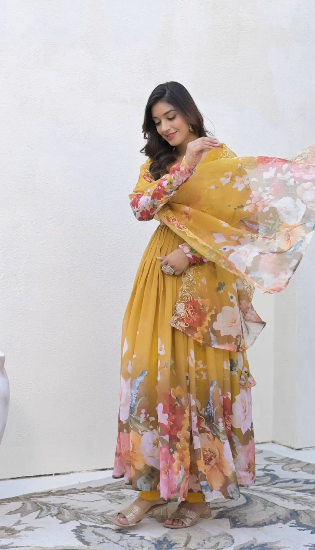 Designer Yellow Color Printed Faux Georgette Gown Set