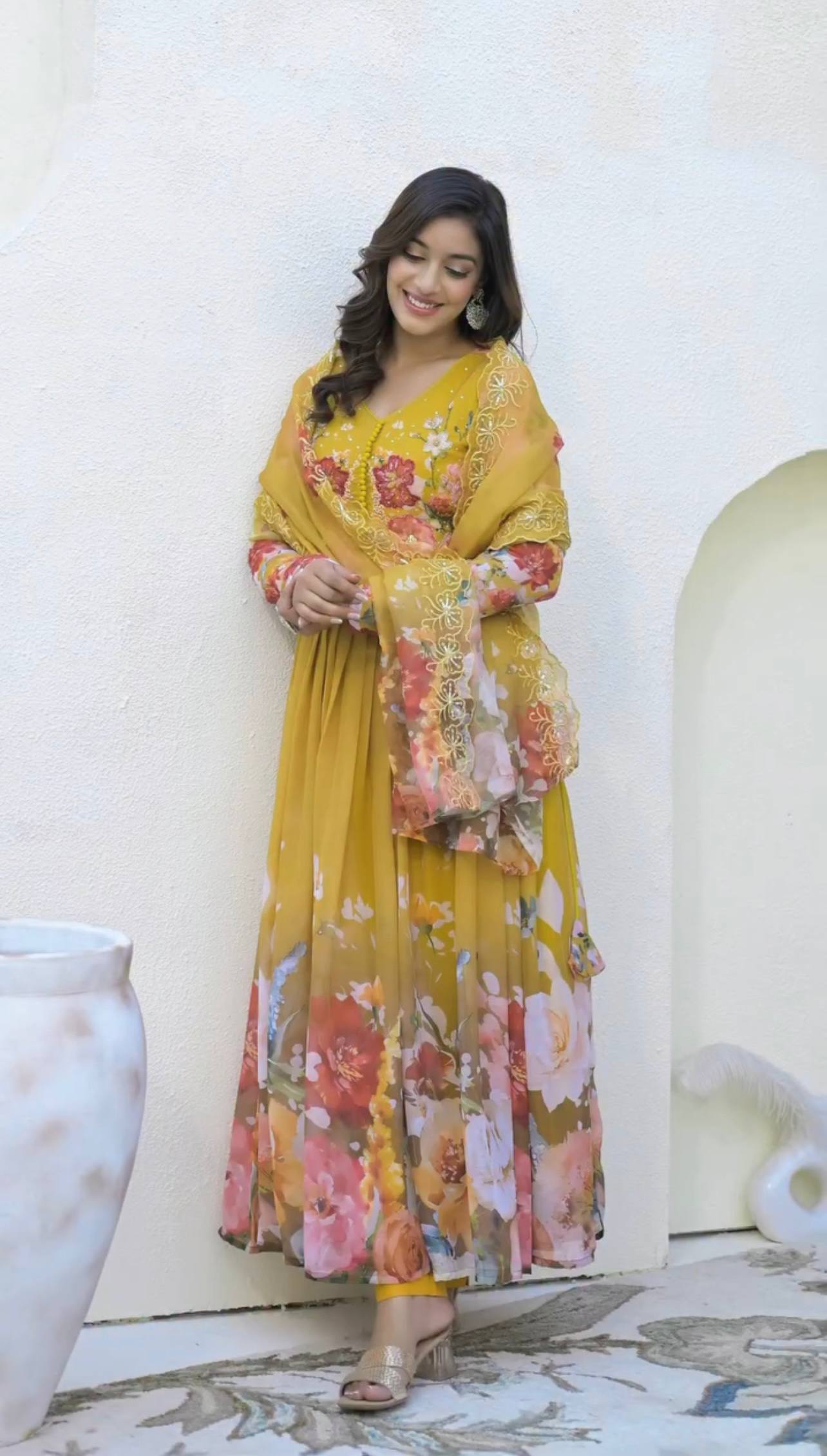 Designer Yellow Color Printed Faux Georgette Gown Set