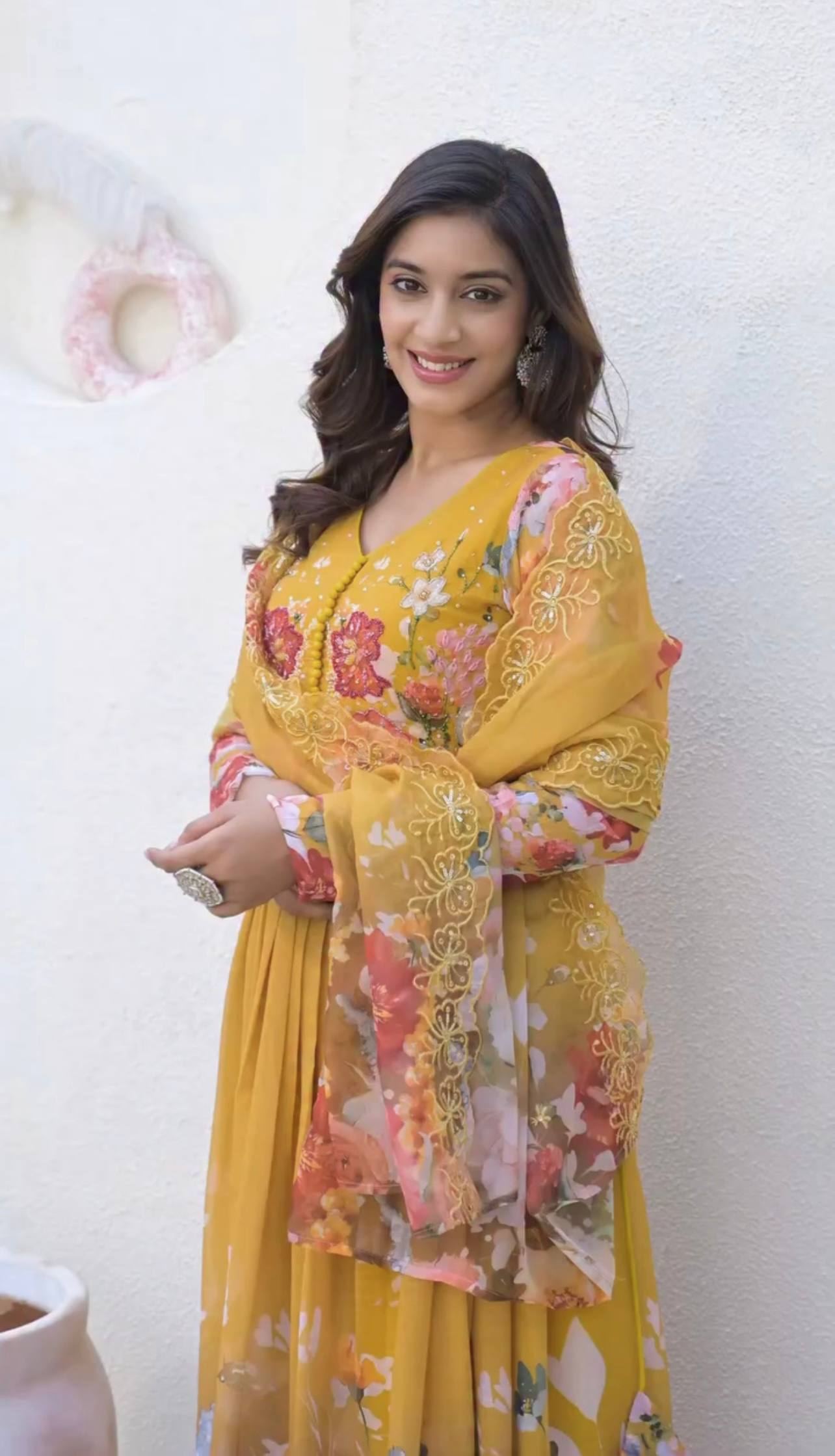 Designer Yellow Color Printed Faux Georgette Gown Set