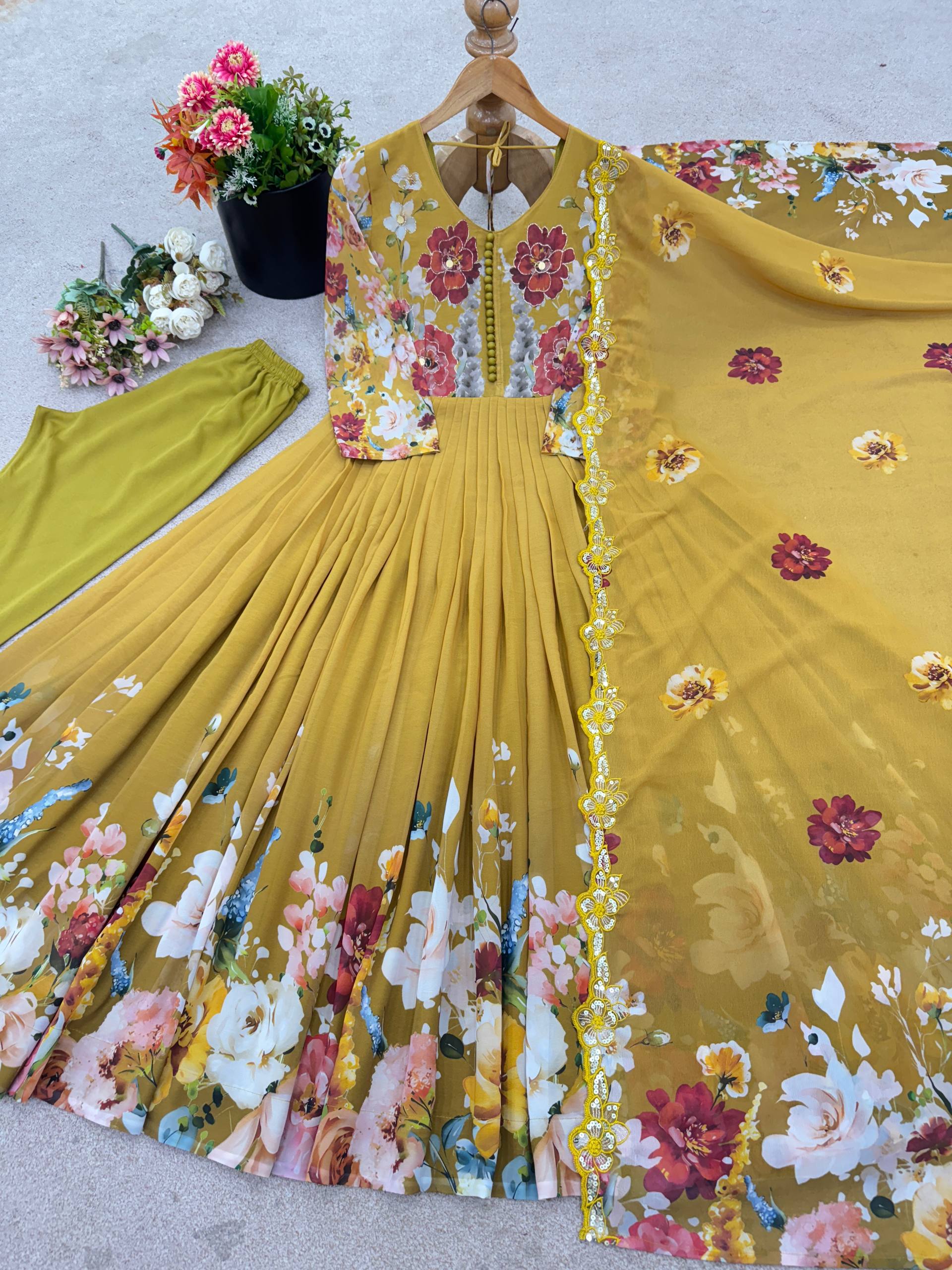 Designer Yellow Color Printed Faux Georgette Gown Set