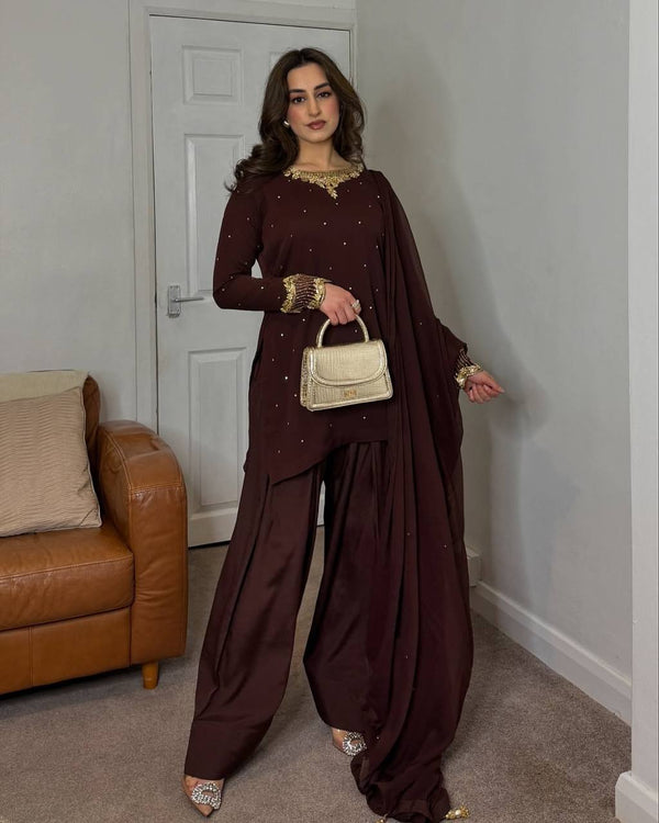 Casual Wear Brown Color Heavy Faux Georgette With Embroidery Sequence Work Salwar Suit