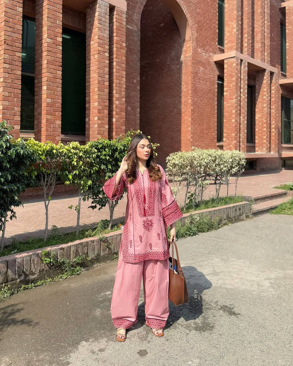 Glossy Baby Pink Color Heavy Cotton Heavy Embroidery Work With Hand Work Co-ord Palazzo Suit