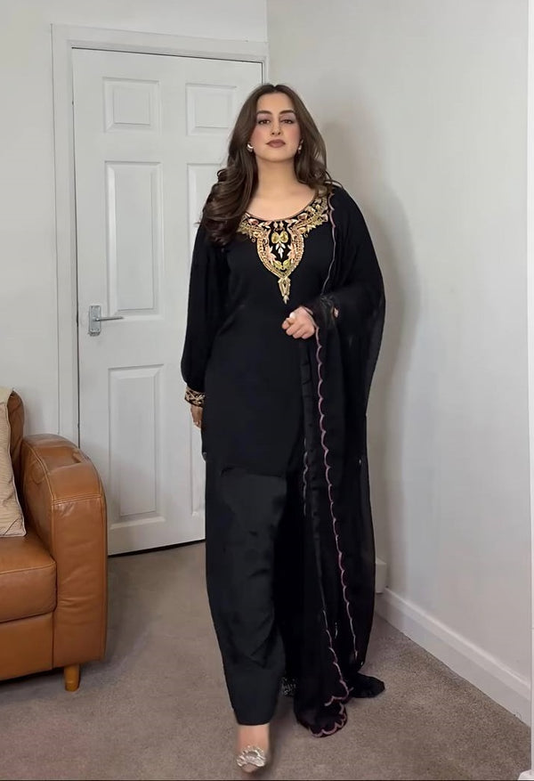 Party Wear Black Color Natural Satin Silk With Embroidery Sequence Work Palazzo Suit