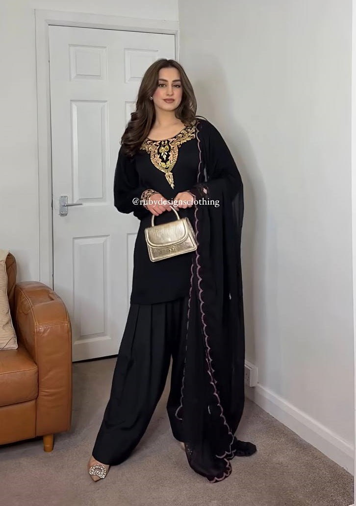 Party Wear Black Color Natural Satin Silk With Embroidery Sequence Work Palazzo Suit