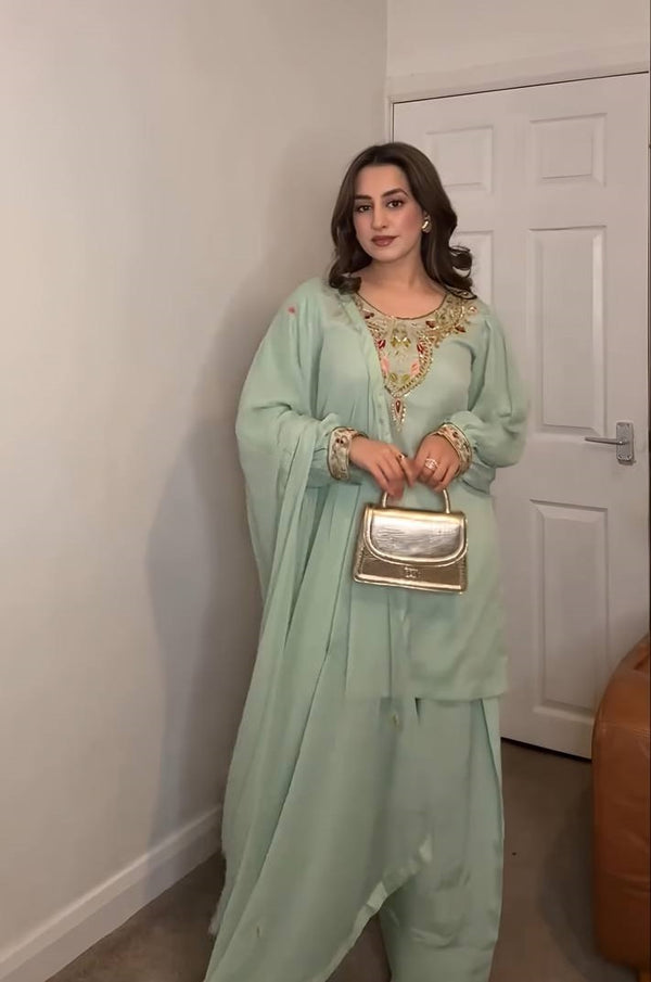 Party Wear Sky Green Color Natural Satin Silk With Embroidery Sequence Work Palazzo Suit