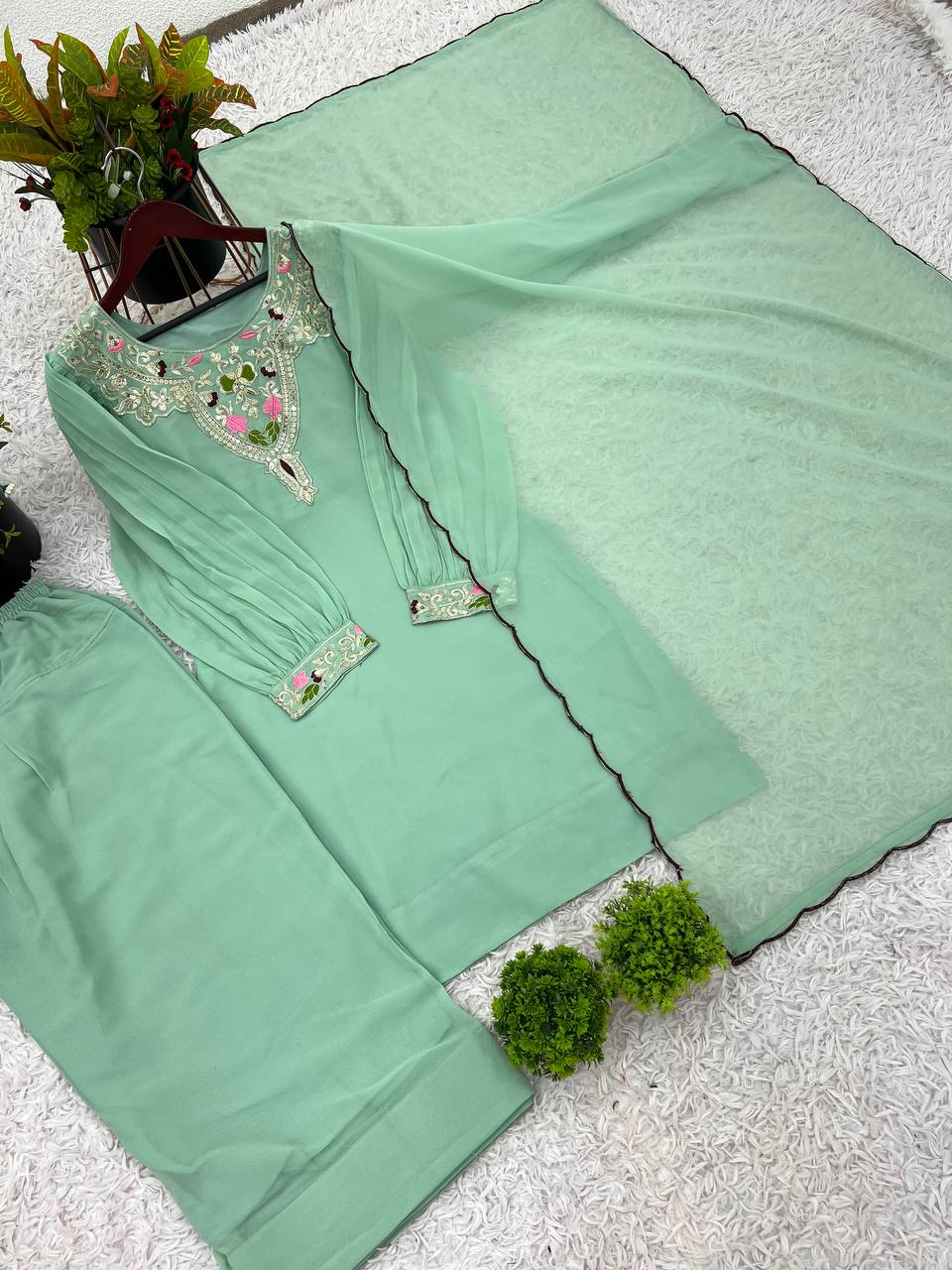 Party Wear Sky Green Color Natural Satin Silk With Embroidery Sequence Work Palazzo Suit