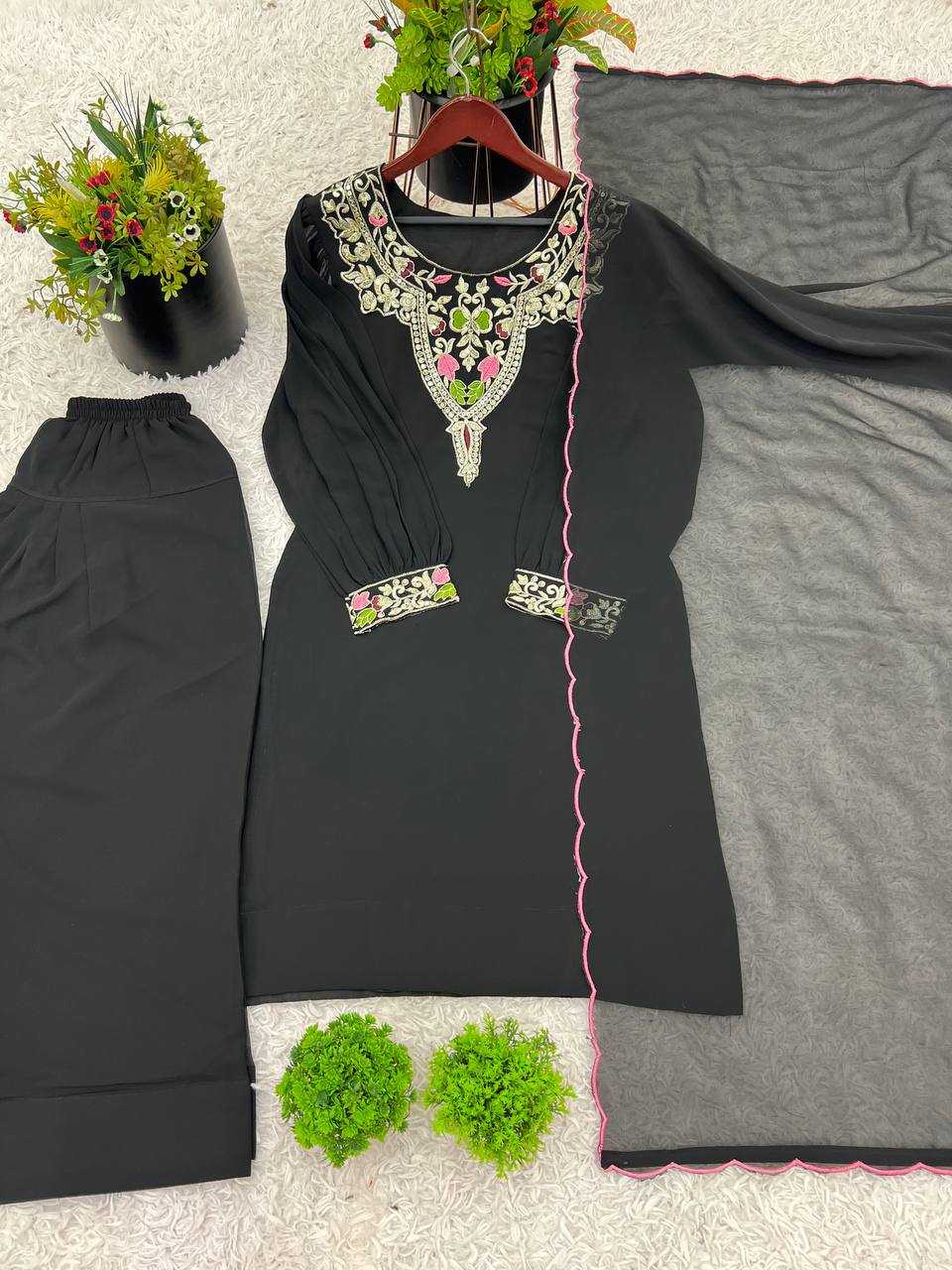 Party Wear Black Color Natural Satin Silk With Embroidery Sequence Work Palazzo Suit