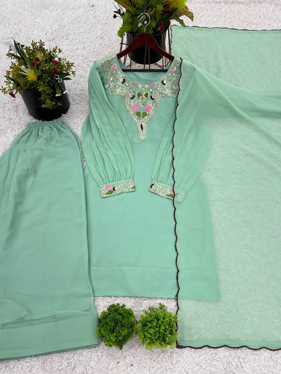 Party Wear Sky Green Color Natural Satin Silk With Embroidery Sequence Work Palazzo Suit
